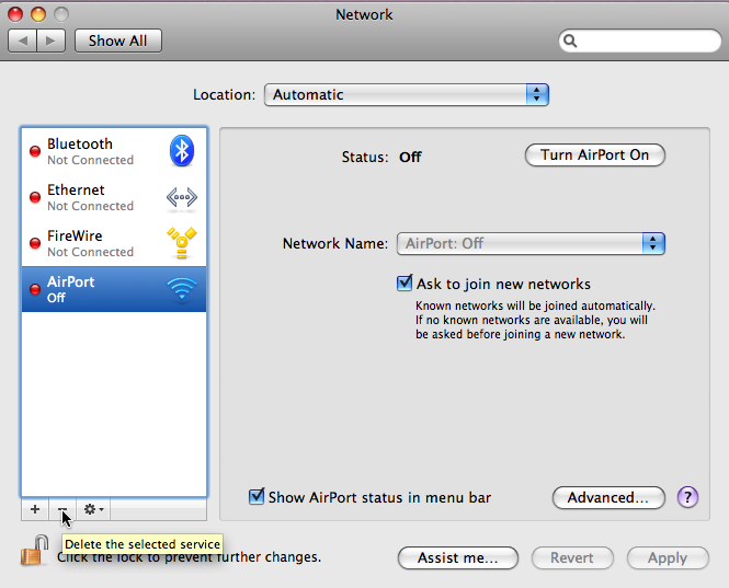 Airport settings and options with minus sign at bottom right of window