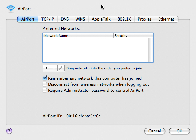 preferred networks tab with empty list.