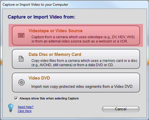 videotape or video source button highlighted