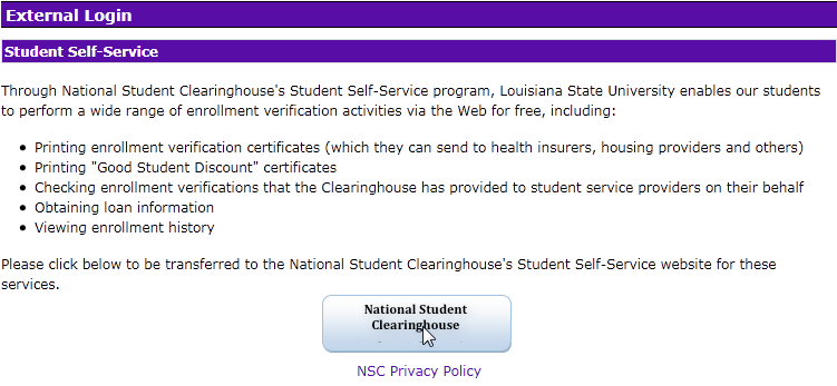 External login windown to National Student Clearinghouse