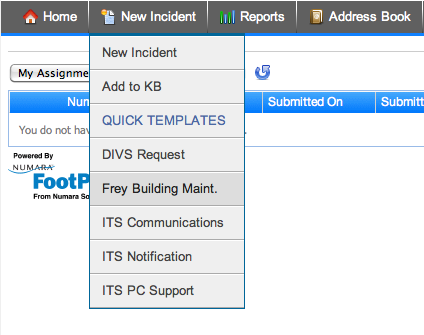 new incident menu with frey building maintenance selected
