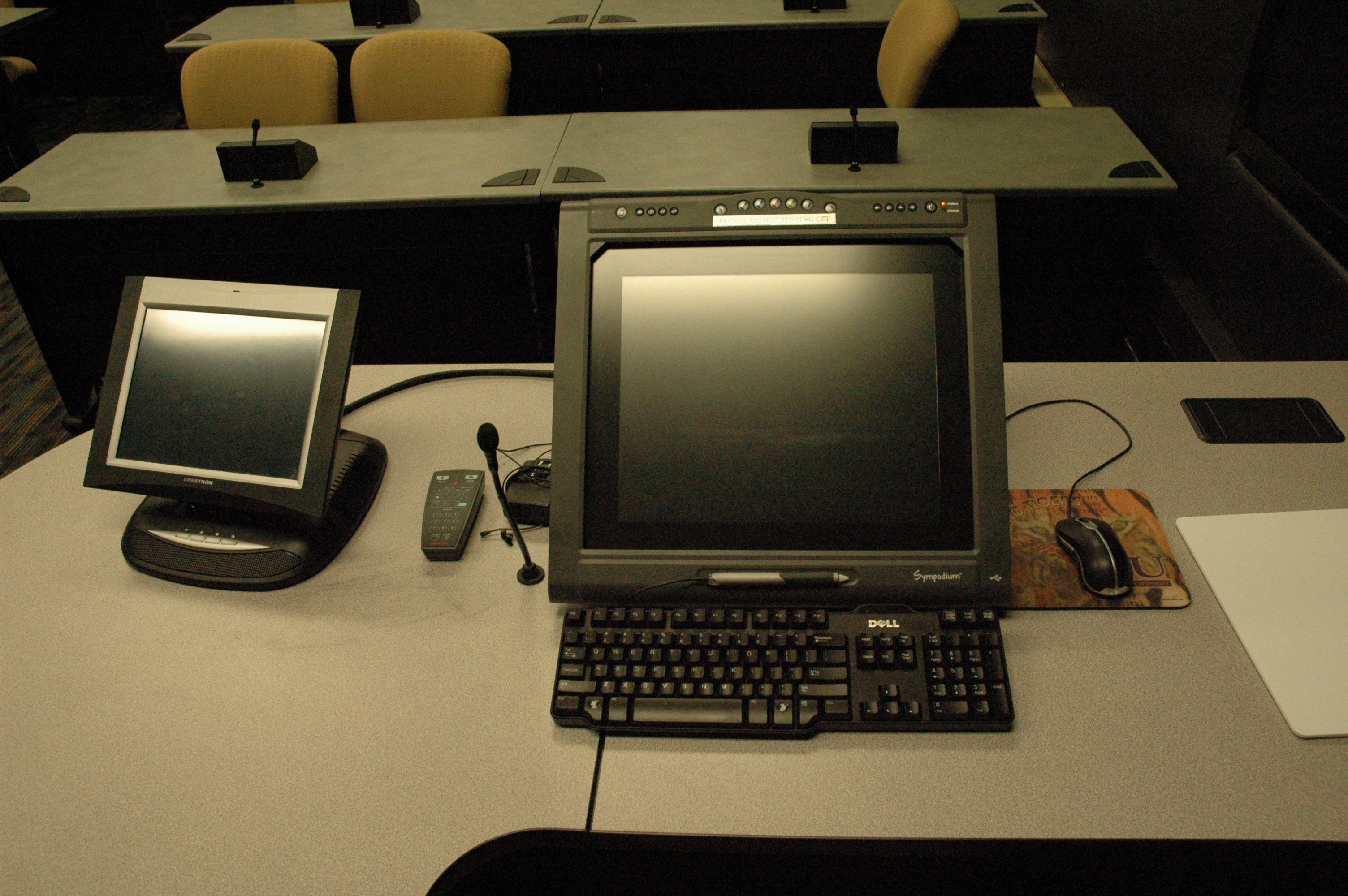 View of instructor's computer screen and work space in Coates 202.