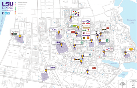 A map of available dining on the L S U Campus