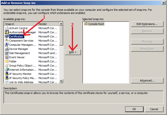 Add or Remove Snap-ins; Certificates and Add>
