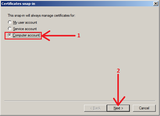 Certificates snap-in; Computer account