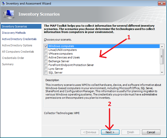Inventory Scenarios, selecting Windows computers.