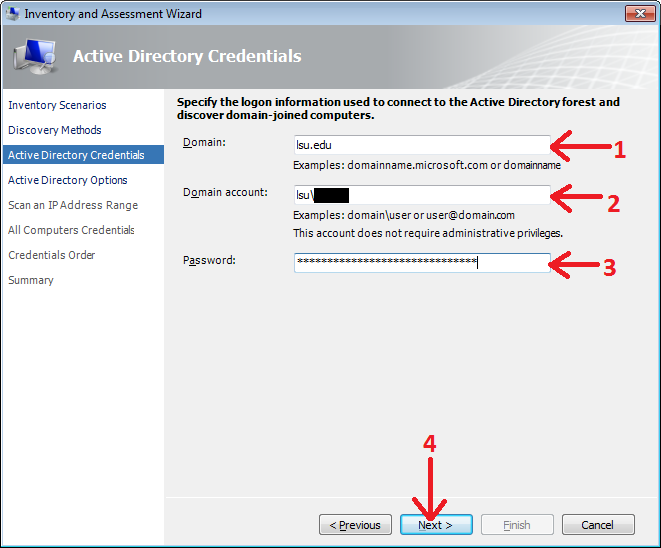 Active Directory Credentials window