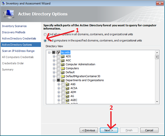 Inventory and Assessment Wizard options