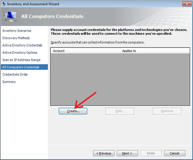 Create All Computers Credentials window and options
