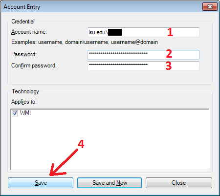 Enter Account Credentials: Account Name, Password, Verify Password, Click Save.