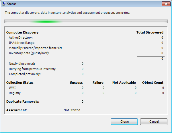 Status Window. Discovery, Collection Status, Duplicate Removals and Assessment.