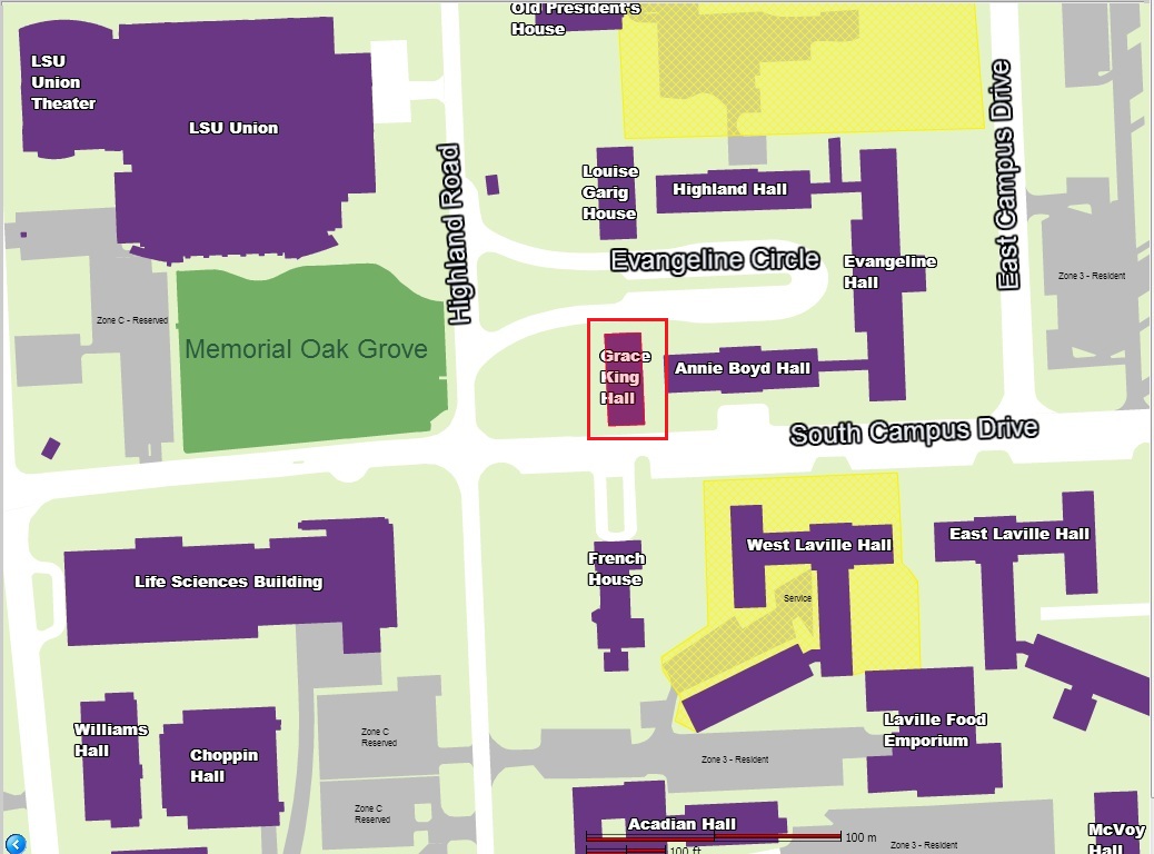 Campus map with grace king hall highlighted