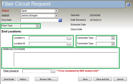  a blank Fiber Circuit Request Form with the required boxes highlighted