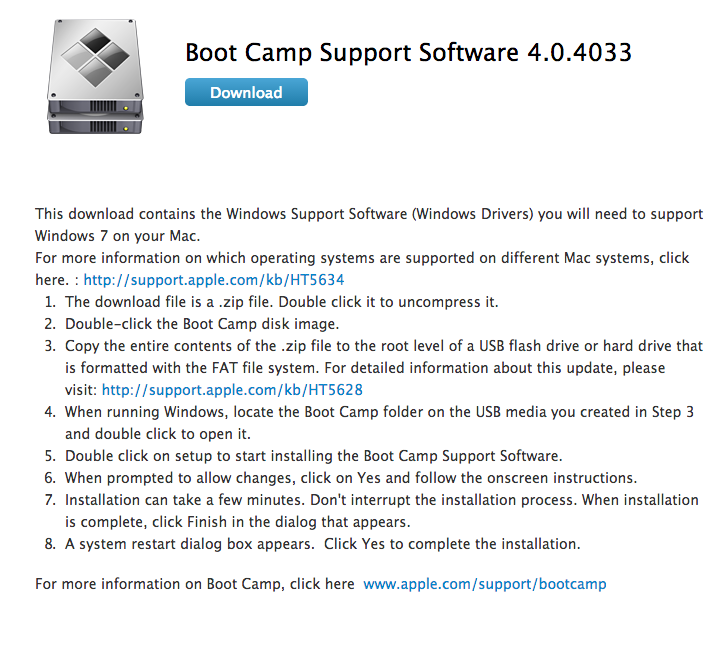 Boot Camp Support software package download link