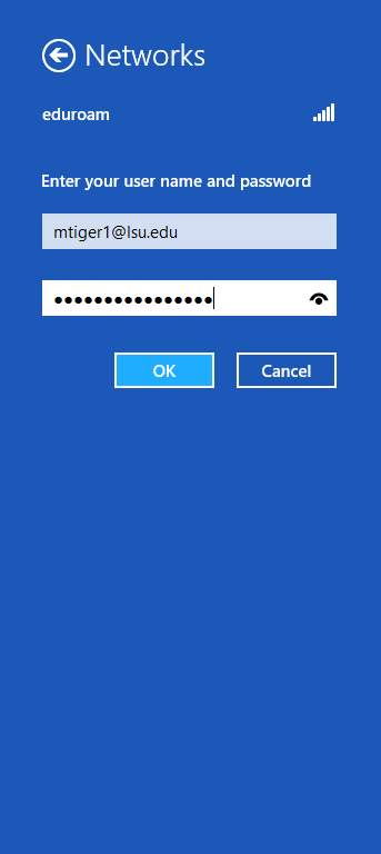Enter eduroam login credentials in Networks