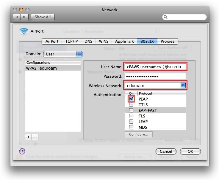 entering PAWs credentials to join eduroam