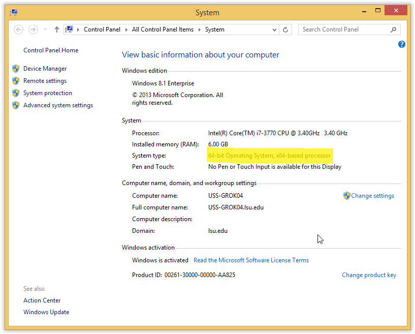 Windows 8(.1) System Information with 64-bit highlighted in the middle of the screen.