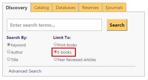 The lsu library search box with e-book selected