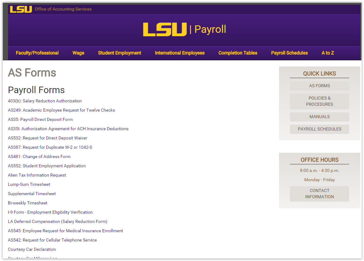 LSU Payroll Forms webpage