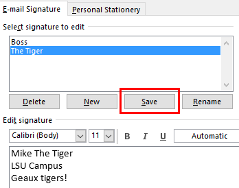 Save button on the email signature tab