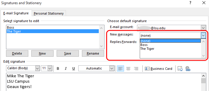 Default signature options