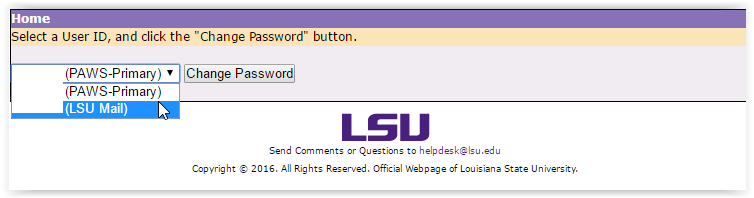 a dropdown menu selecting which account you want to reset the password.