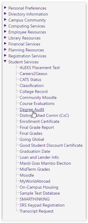 degree audit option under the student services tab at the left hand side panel.