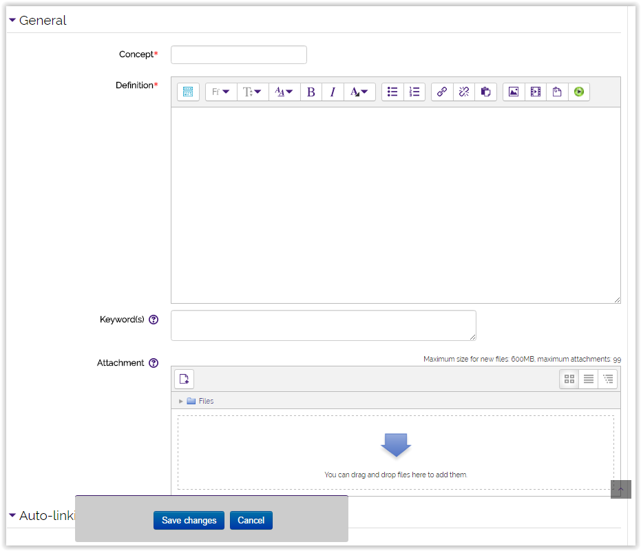 the name and description options for moodle glossary entry
