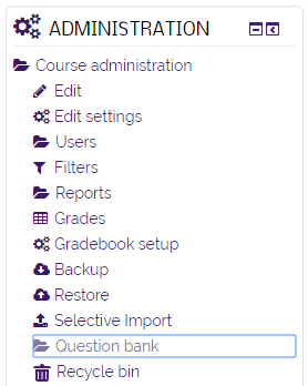 administration block showing Questions link under question bank section