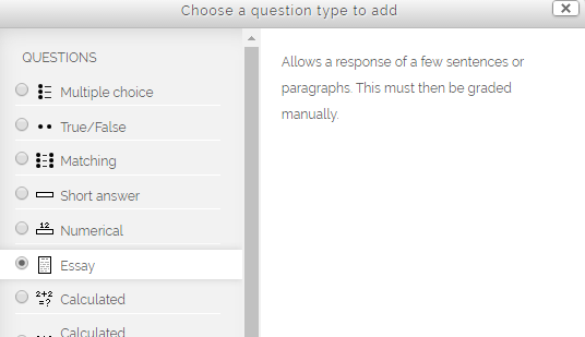 Choose question type window with essay selected at left sidebar, and add button at bottom