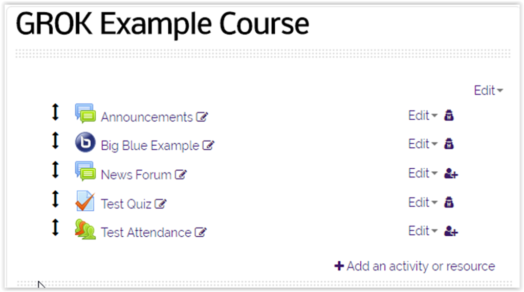 Editing options for a course