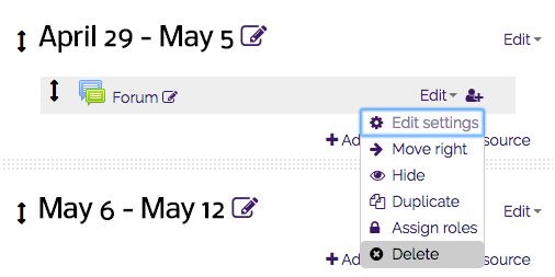 Edit settings drop down menu