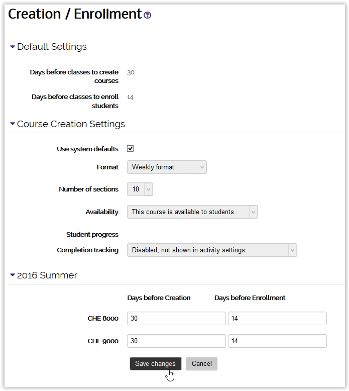 course creation and enrollment form