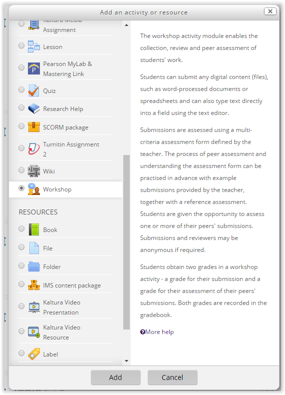 Workshop option under Activities and Resources