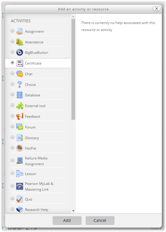 the certificate option under add an activity resource menu.
