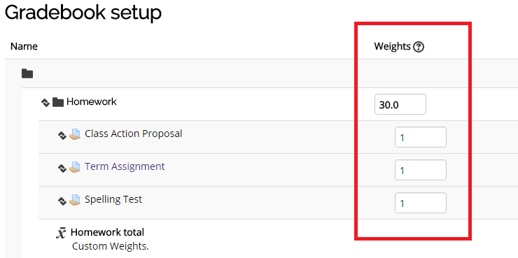weights section in gradebook setup
