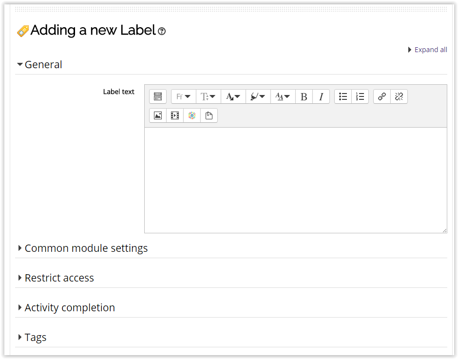label text area for the label addition to moodle
