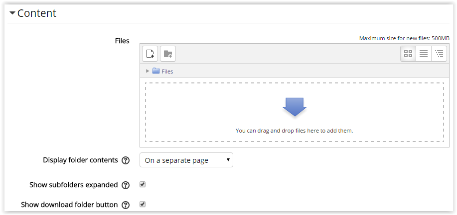 Folder content and options settings