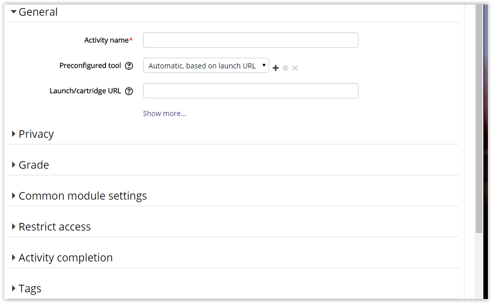External Tools settings in Moodle, showing activity name, preconfigured tool, and Launch URL