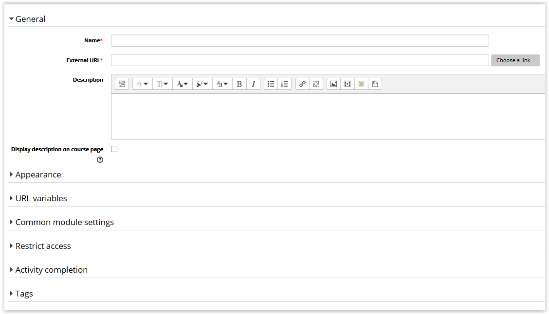 URL information window in Moodle 3