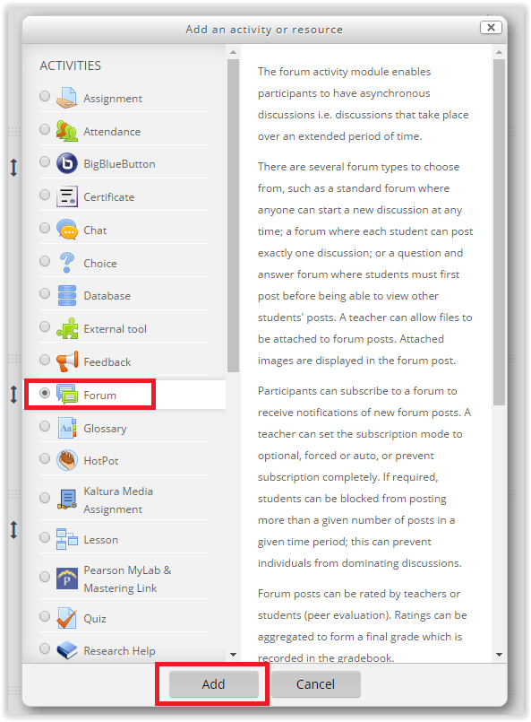 Forums option on the Add and Activity or Resource pop-up window