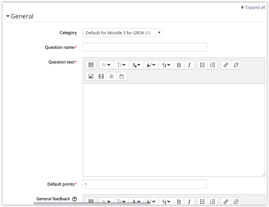 Question name, question text, and default points text fields