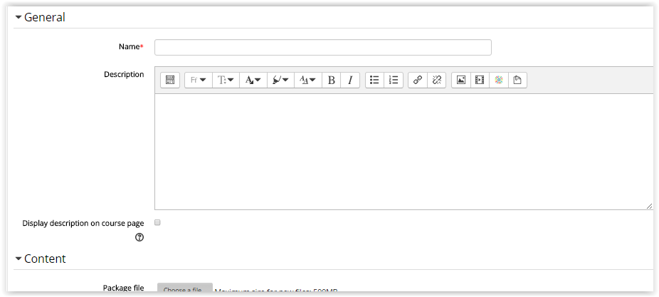 The IMS Content Package general options form.