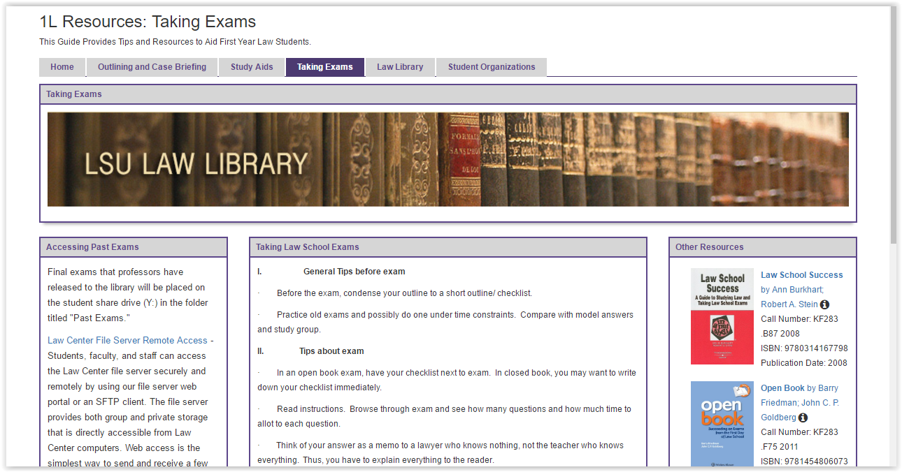 Resources: Taking Exams page on the LSU Law Library site