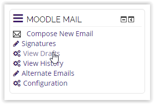 the moodle mail block with the cursor over the view drafts option
