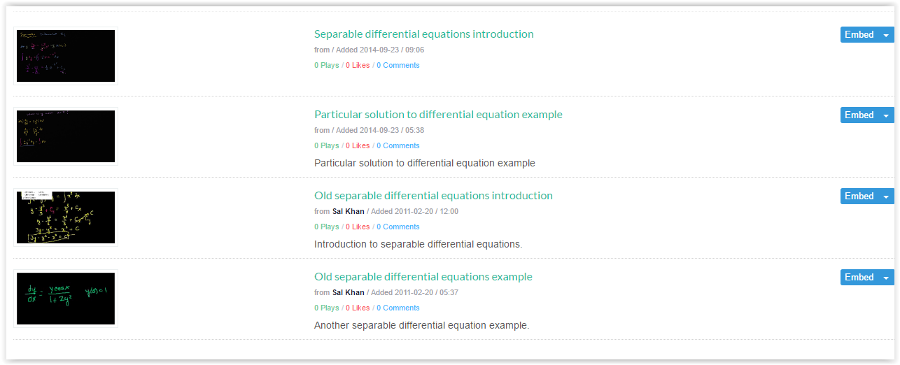 list of Khan academy videos to choose to embed