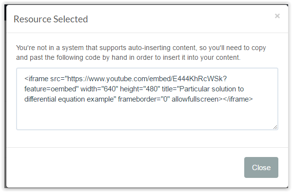 resource selected screen showing that you need to copy and paste a link