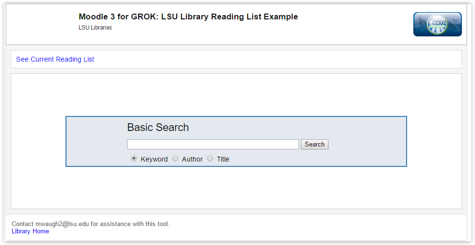 LSU Library Reading List example with search box