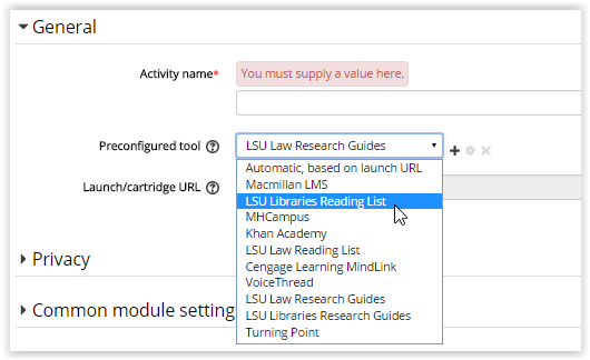 choosing which type of external tool to add to moodle