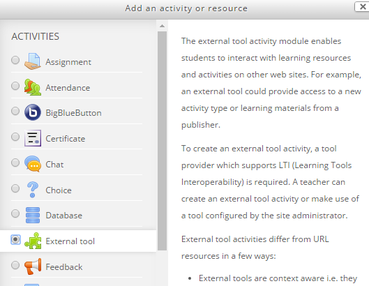 External resource option in activity or resource window